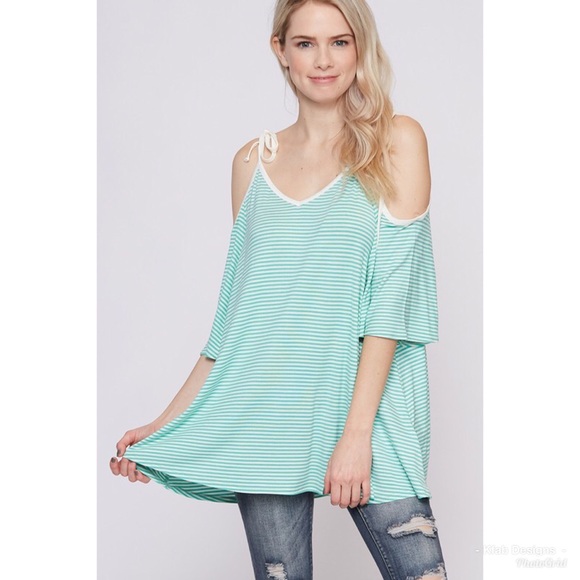 Tops - 😊LAST 2! Self Tie Bow Tunic in Mint w/Stripes!
